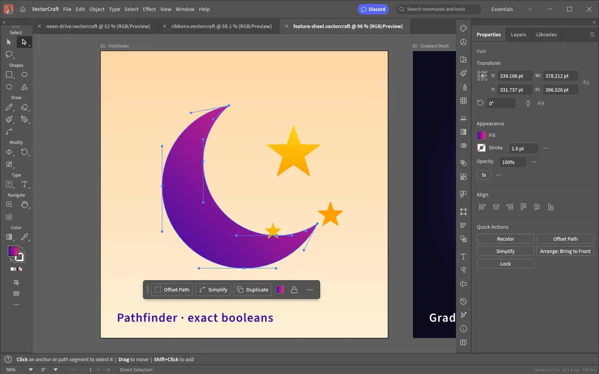 Pen and Direct Selection in the VectorCraft editor